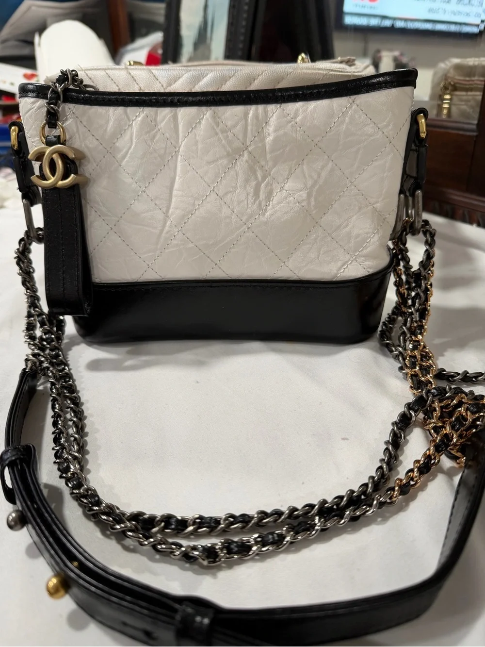 CHANEL Gabrielle Hobo Quilted two tone black-white aged calf skin small